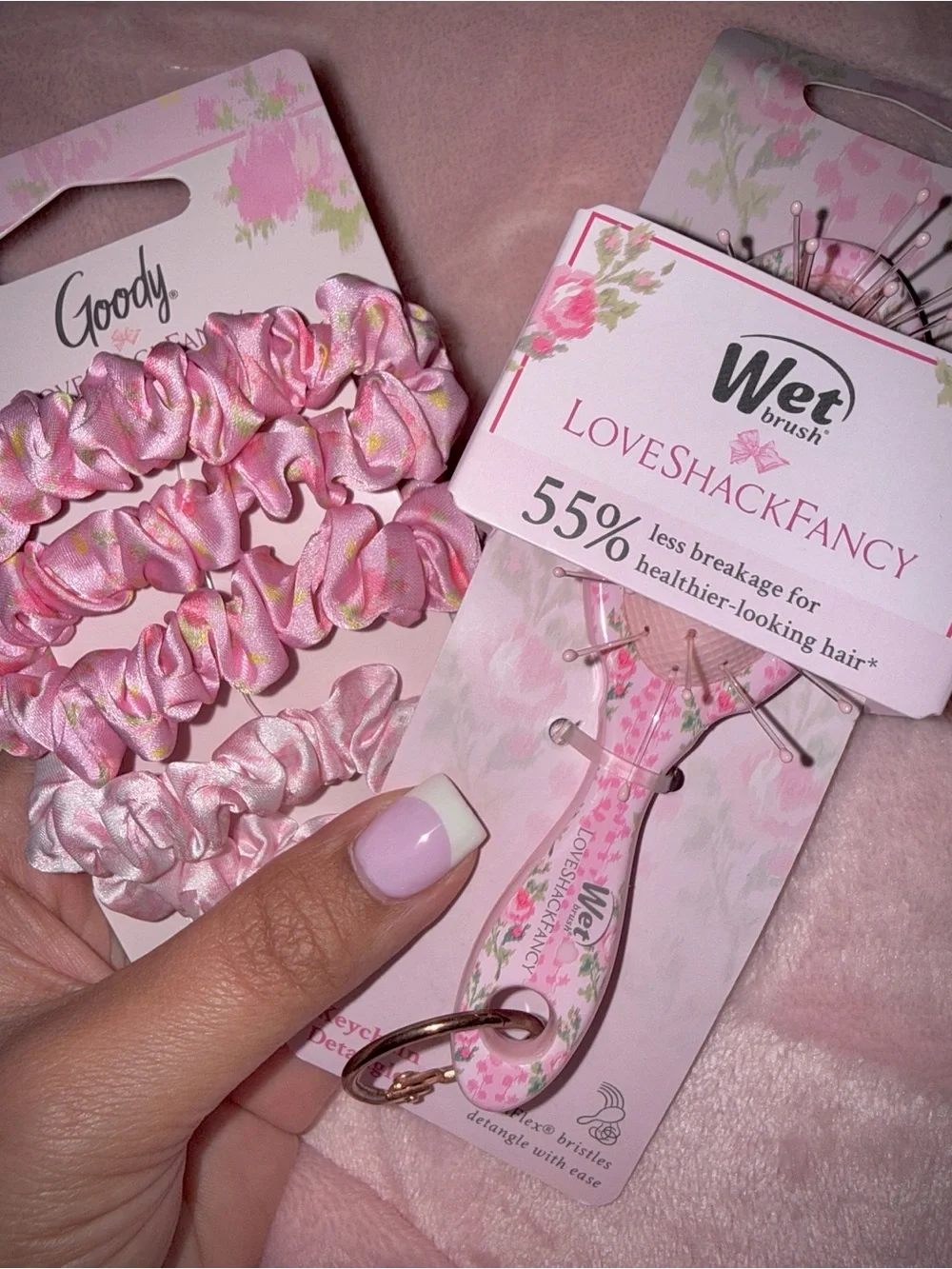 Pink Satin Scrunchies & WetBrush LoveShackFancy Pink Mini Hair Brush Set